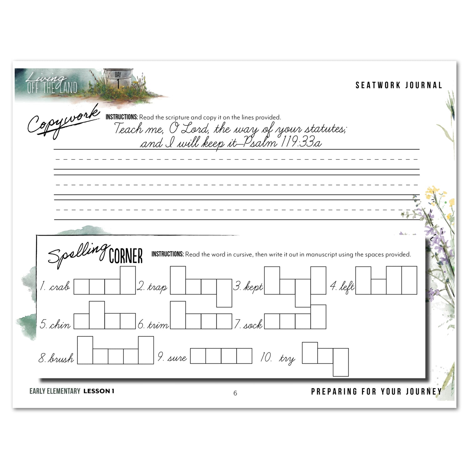 Living Off the Land homeschool unit seatwork journal digital Early Elementary student notebook in cursive lesson one