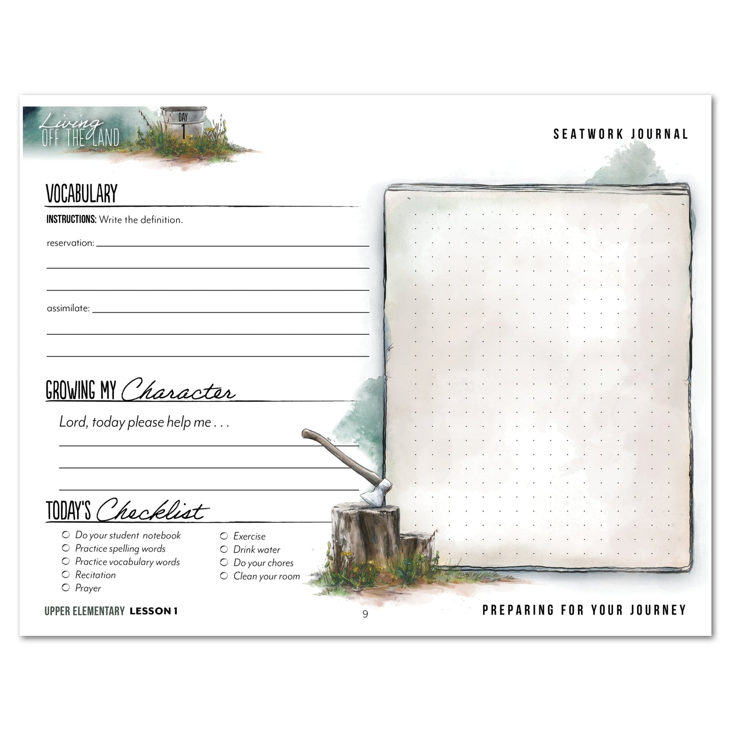Living Off the Land homeschool unit seatwork journal digital Upper Elementary student notebook in manuscript lesson one