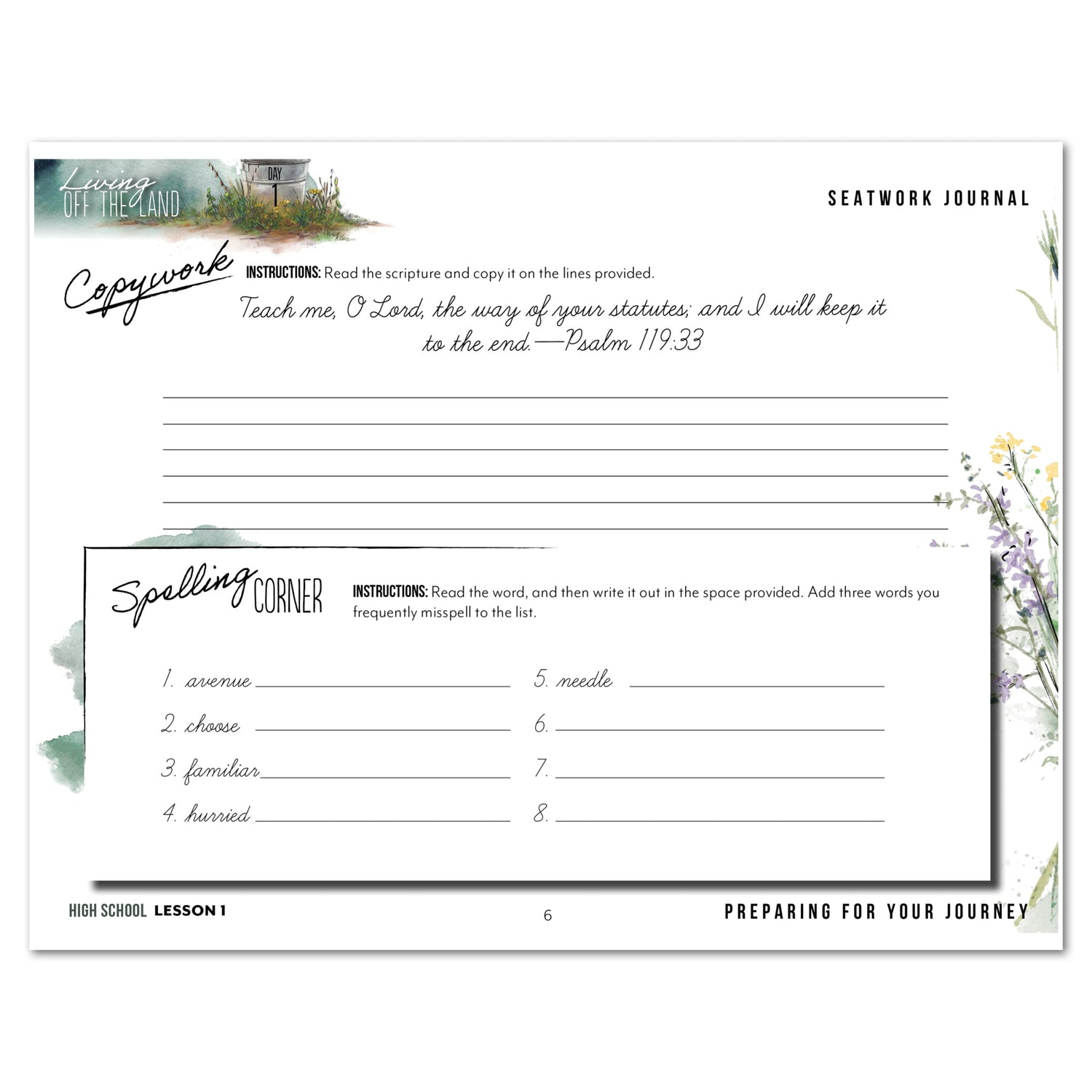 Living Off the Land homeschool unit seatwork journal digital High School student notebook in cursive lesson one