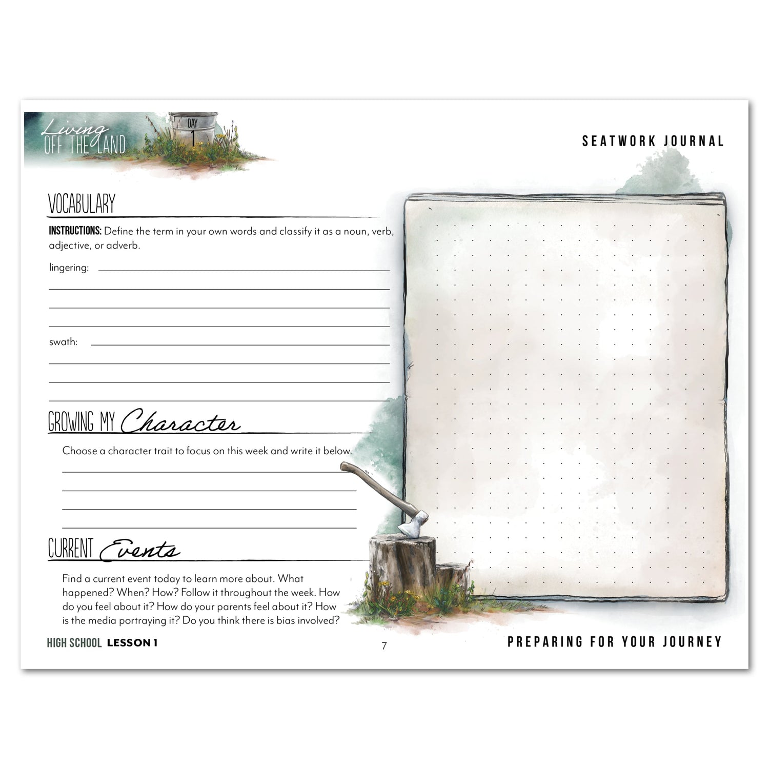 Living Off the Land homeschool unit seatwork journal digital High School student notebook in manuscript lesson one