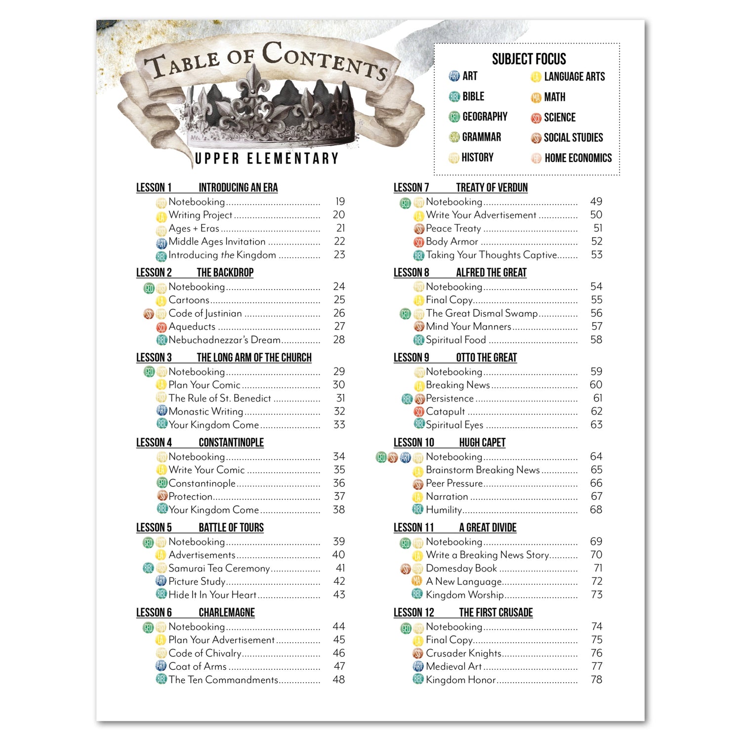 Middle Ages homeschool unit study digital student workbook table of contents upper elementary part one