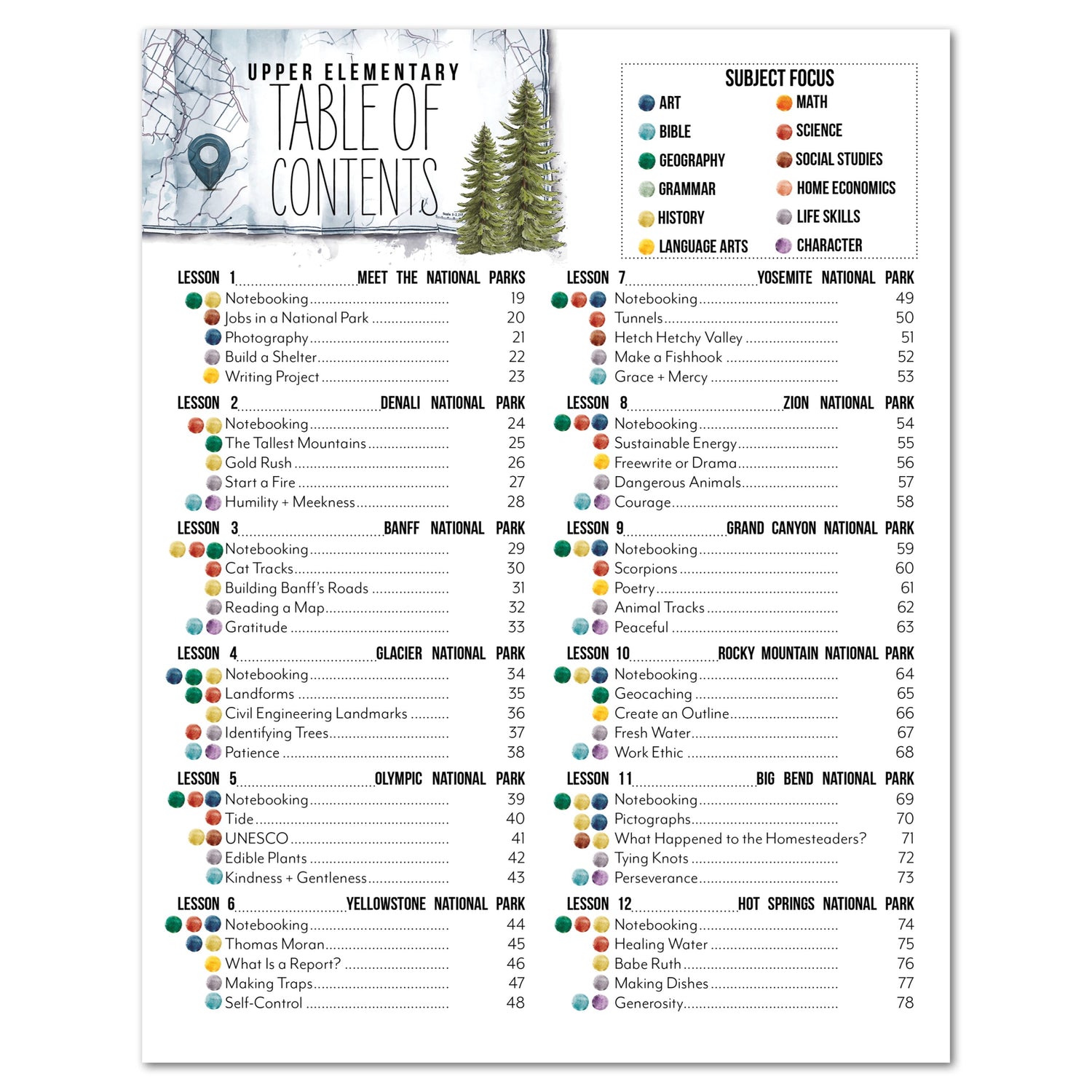 National Parks of North America homeschool unit study printed student workbook table of contents for upper elementary with Teacher's Guide part one