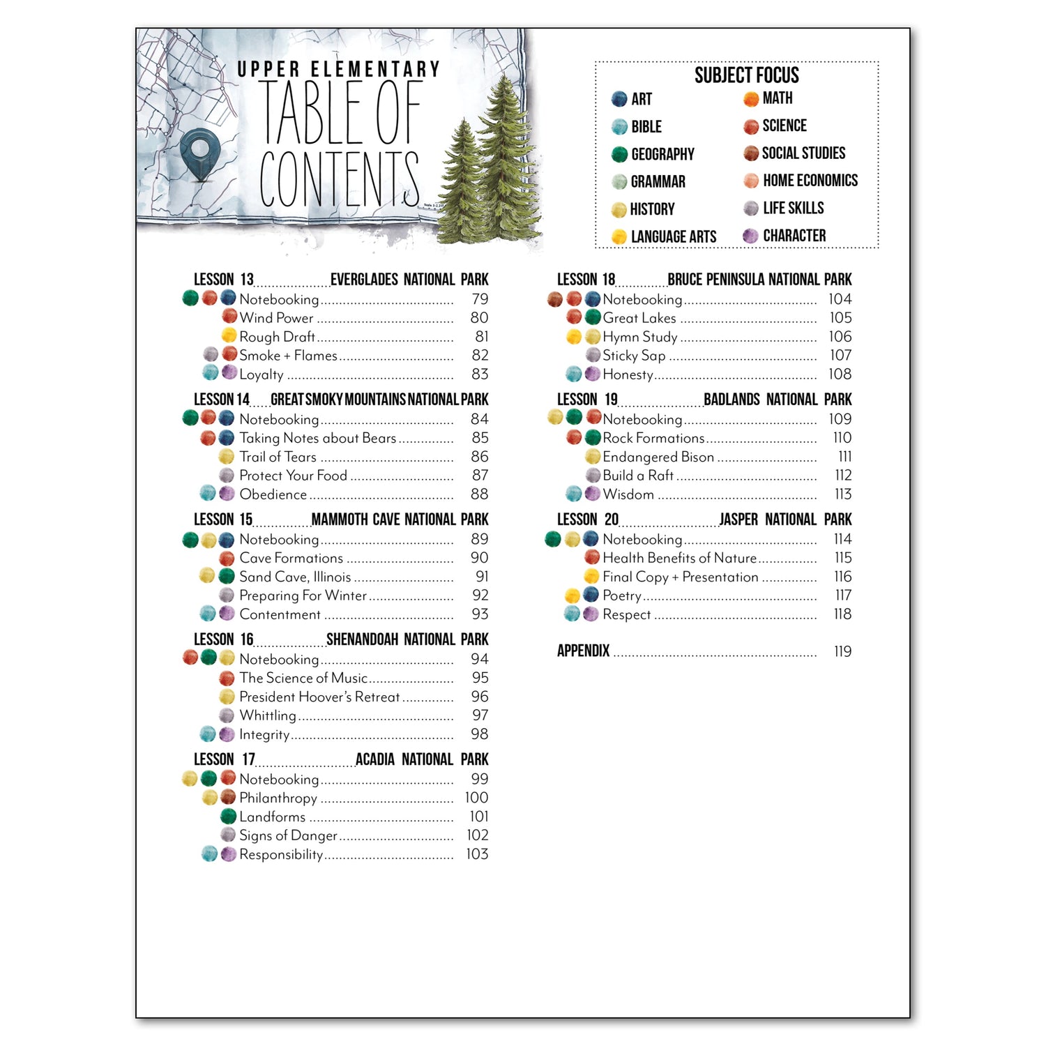 National Parks of North America homeschool unit study printed student workbook table of contents for upper elementary with Teacher's Guide part two