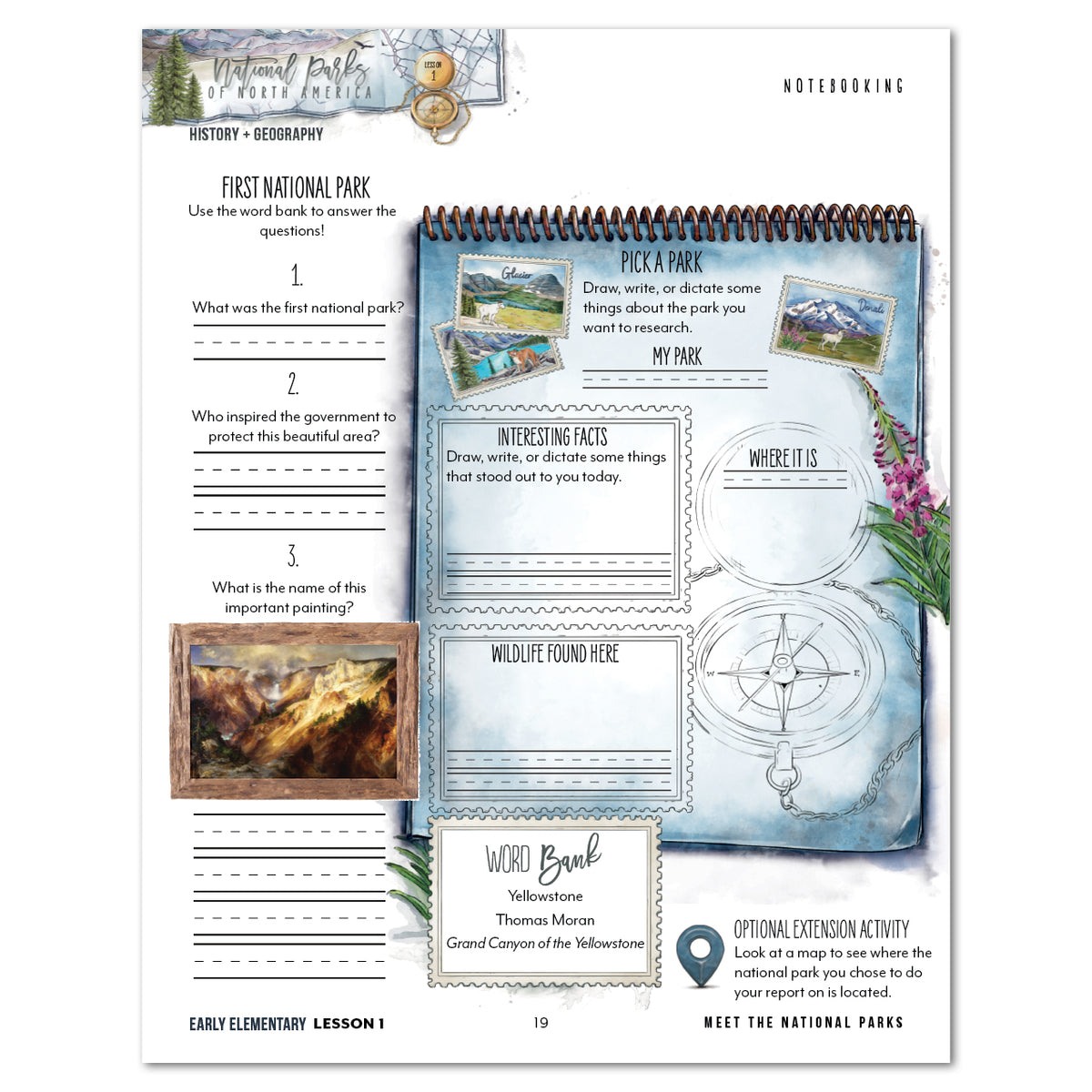 National Parks of North America homeschool unit study printed student workbook for early elementary with Teacher's Guide lesson one