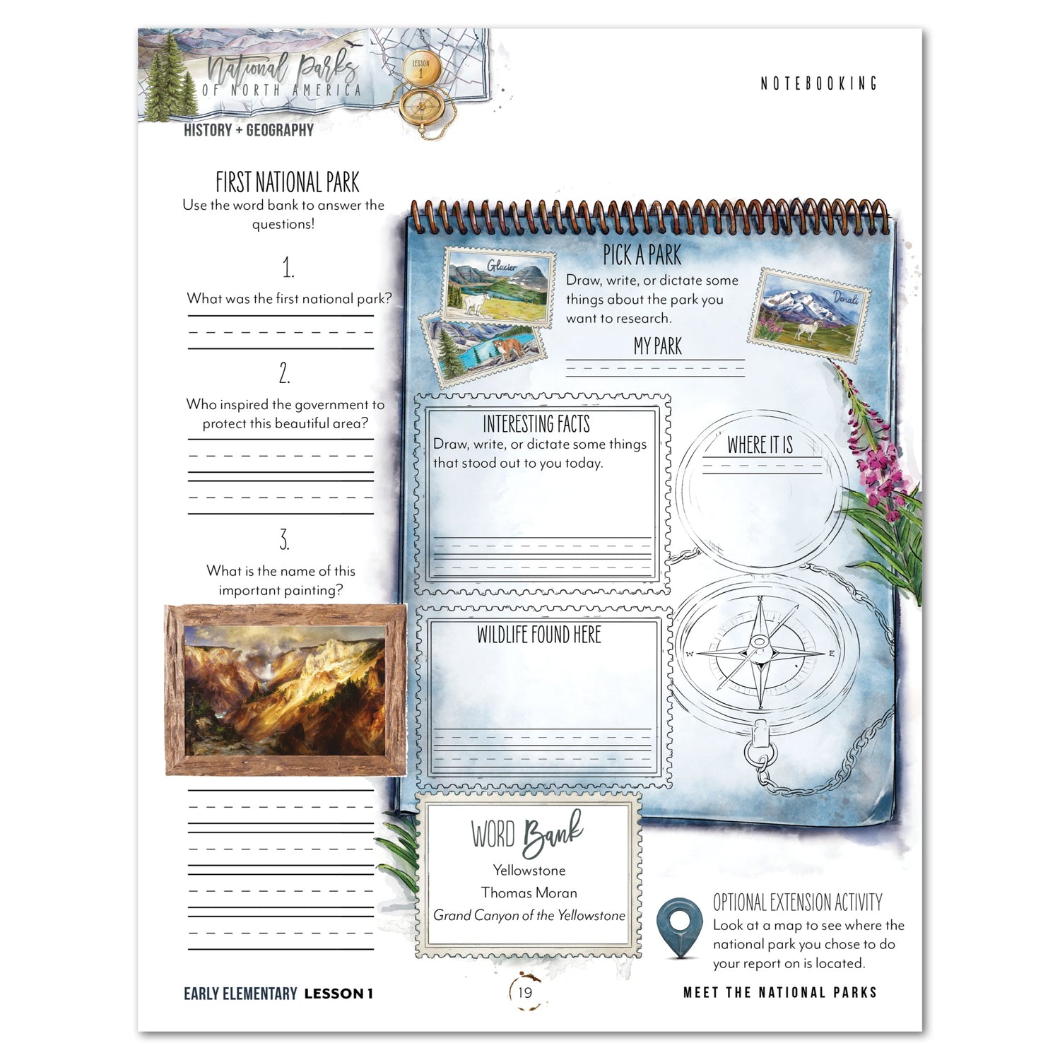 National Parks of North America homeschool unit study printed student workbook for early elementary with Teacher's Guide lesson one