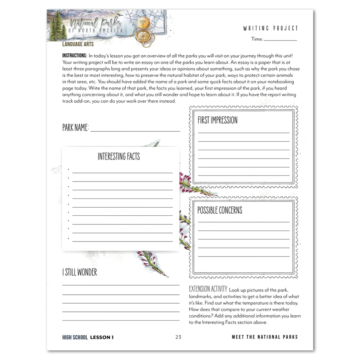 National Parks of North America homeschool unit study printed student workbook for high school with Teacher's Guide bundle lesson one