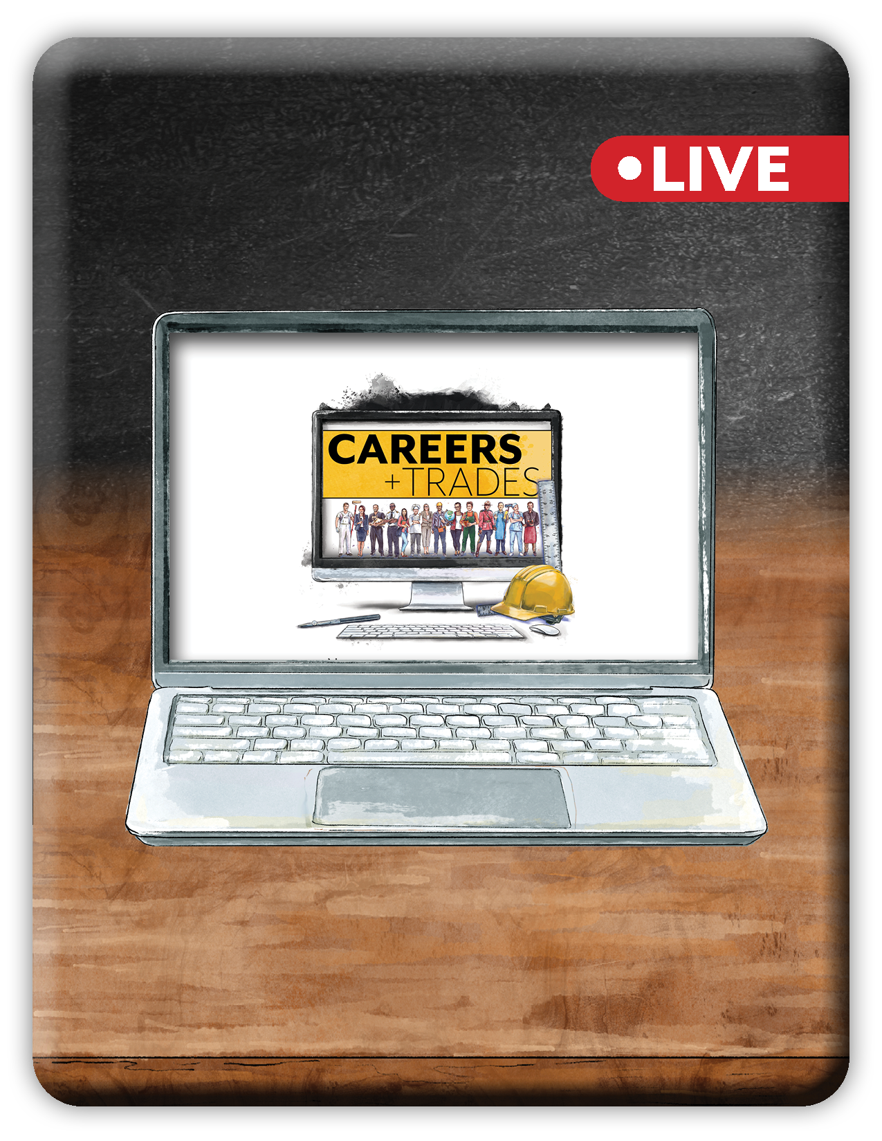 Laptop on a wooden desk with 'Careers + Trades' displayed on the screen, against a blackboard background.