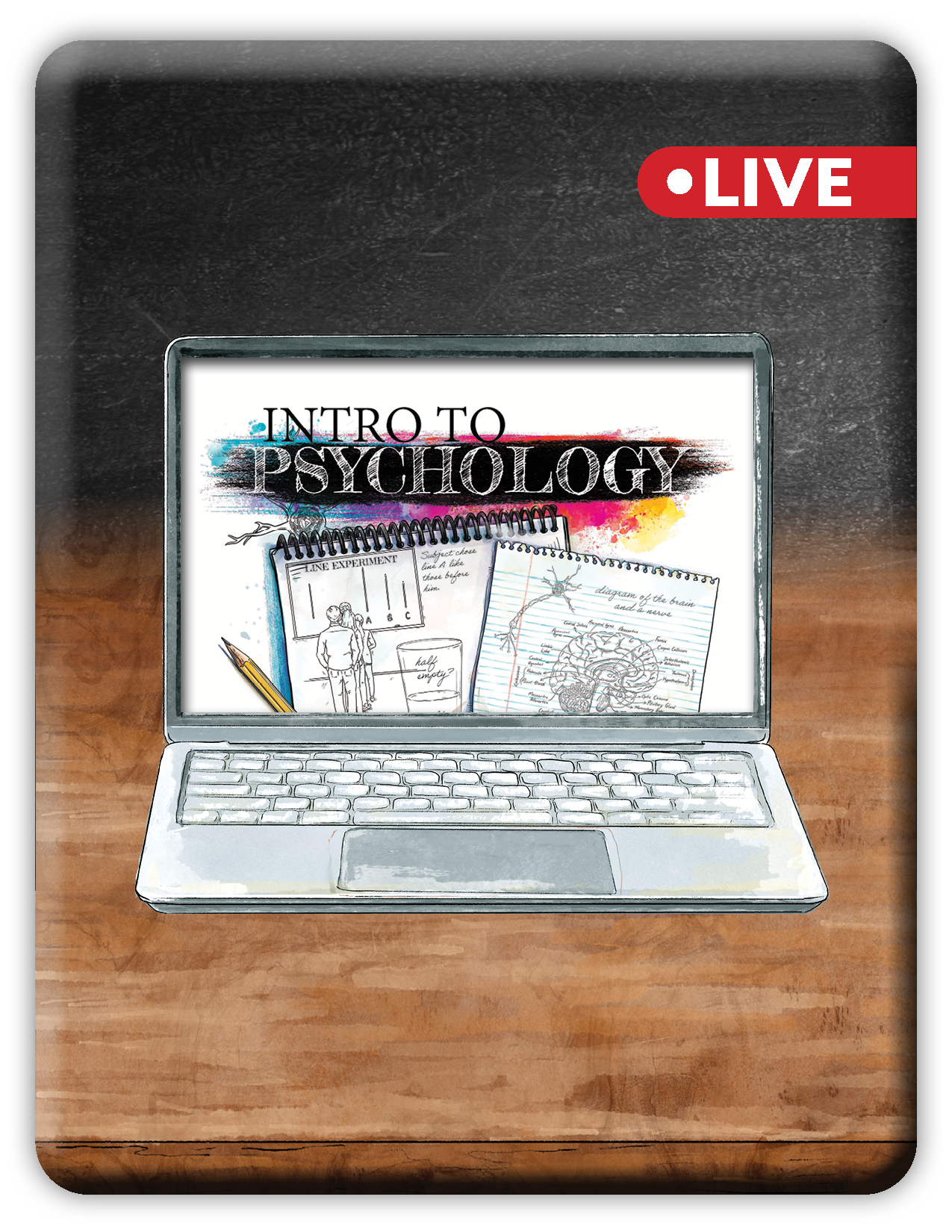 Laptop on a wooden desk with 'Intro to Psychology' displayed on the screen, branded 'LIVE'.