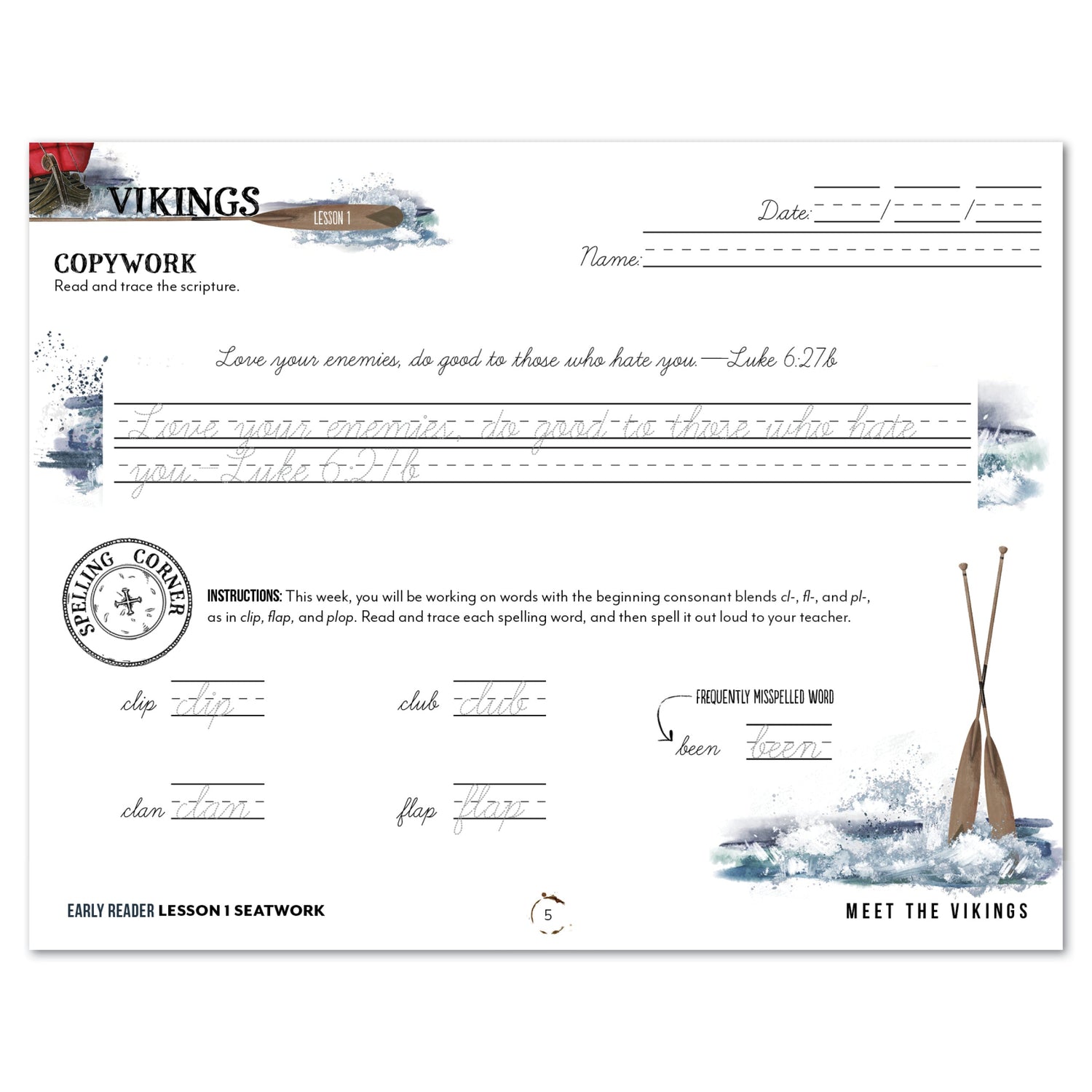 Vikings Homeschool Unit Study Digital Seatwork Journal Cursive Early Reader Lesson 1 Copywork and Spelling