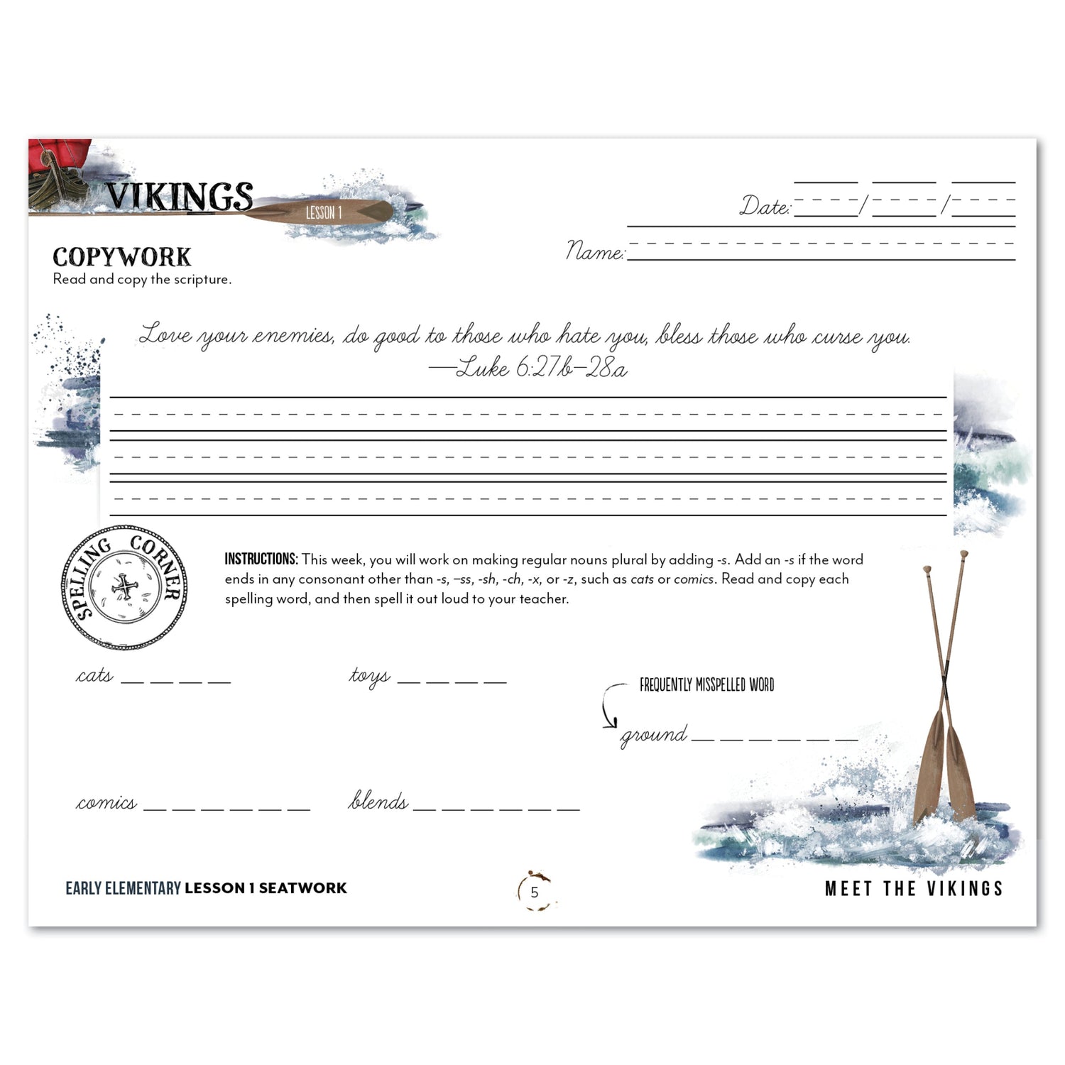Vikings Homeschool Unit Study Digital Seatwork Journal Cursive Early Elementary Lesson 1 Copywork and Spelling
