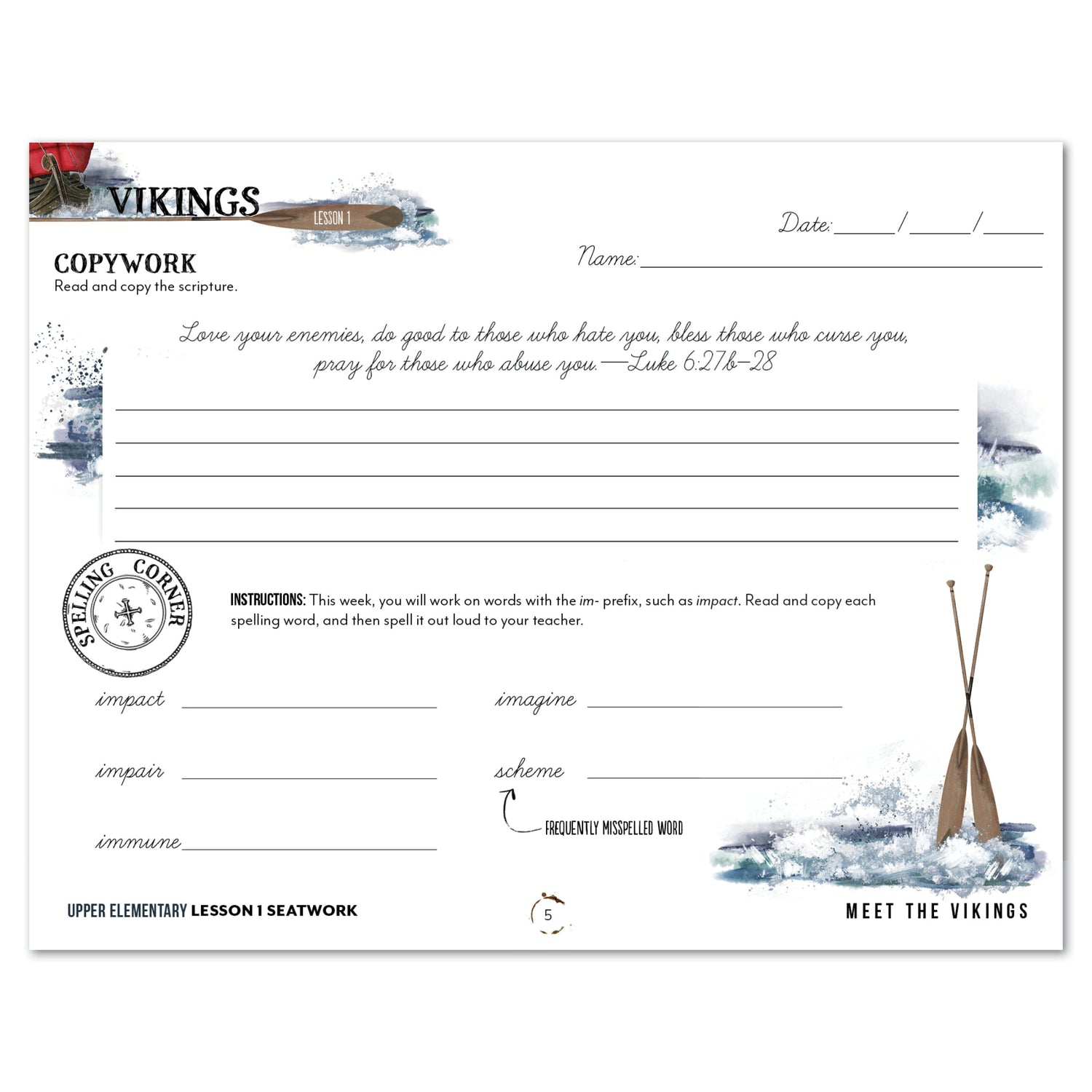 Vikings Homeschool Unit Study Digital Seatwork Journal Manuscript Early Elementary Lesson 1 Copywork and Spelling