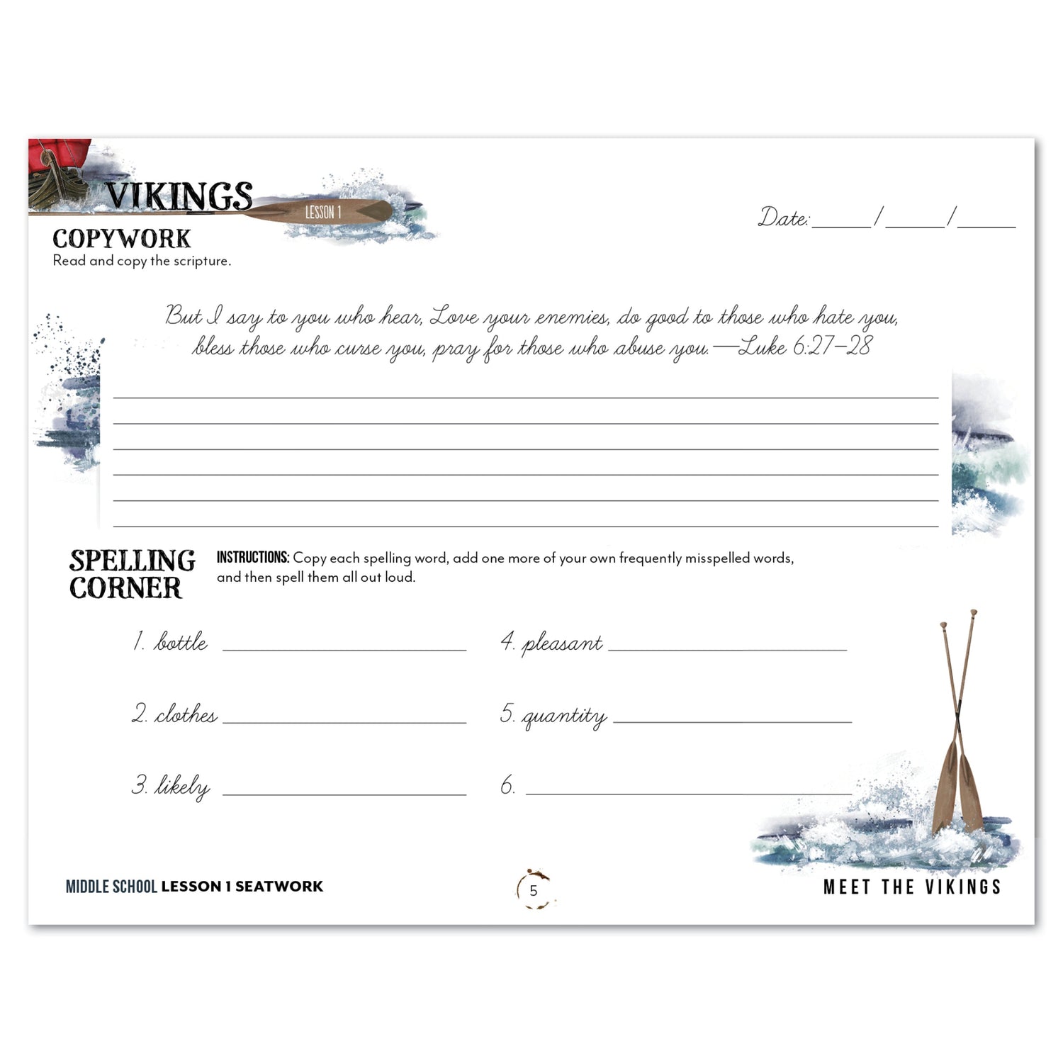 Vikings Homeschool Unit Study Digital Seatwork Journal Cursive Middle School Lesson 1 Copywork and Spelling
