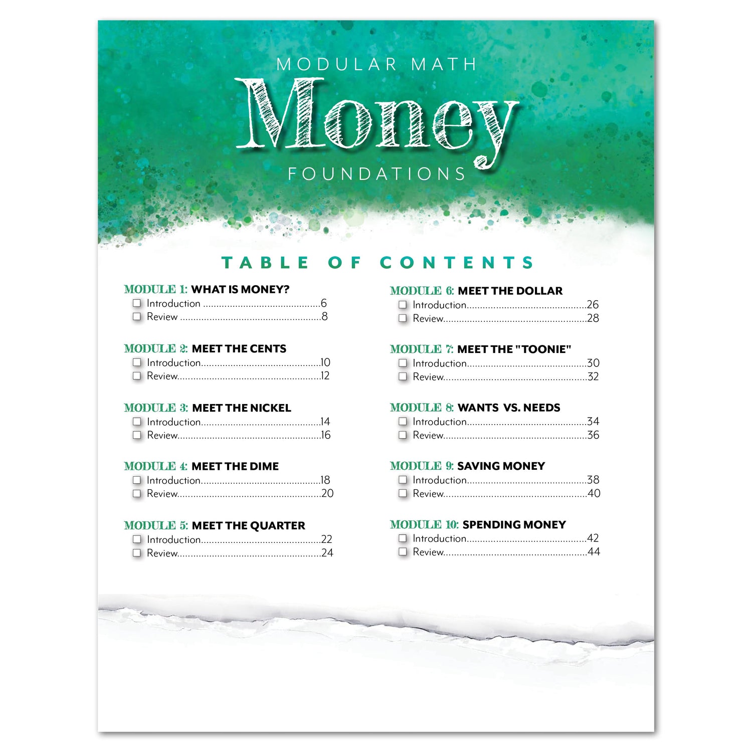 Money Modular Math foundations printed book CAD table of contents