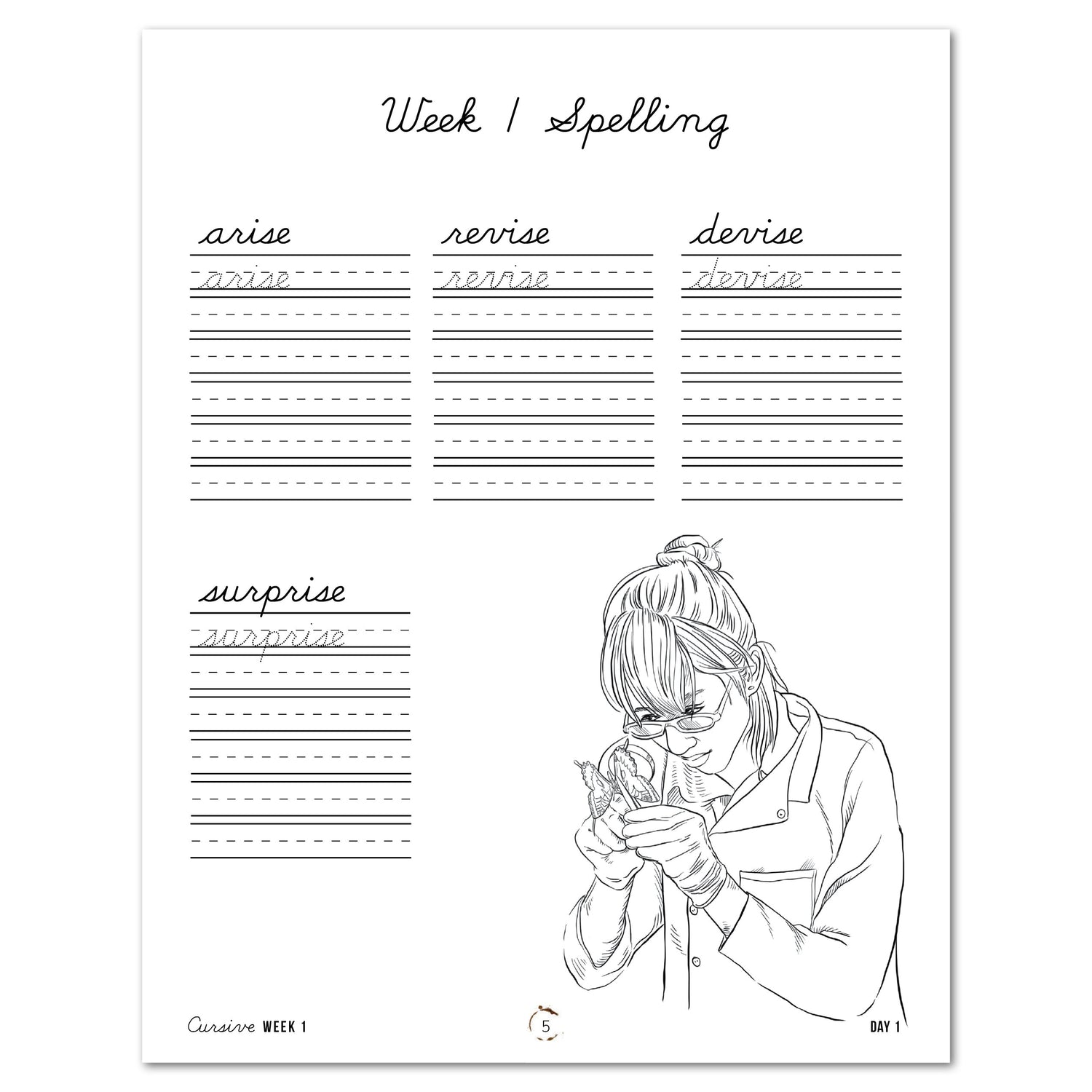 Creepy Crawlies Homeschool Unit Study Digital Cursive Student Book Week 1 Spelling