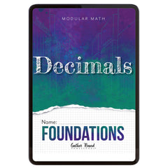A digital book cover of 'Modular Math Decimals Foundations' with a colorful gradient background. 