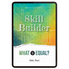 Digital book cover of 'Skill Builder: What is Equal?' with geometric design and text on a colorful background.