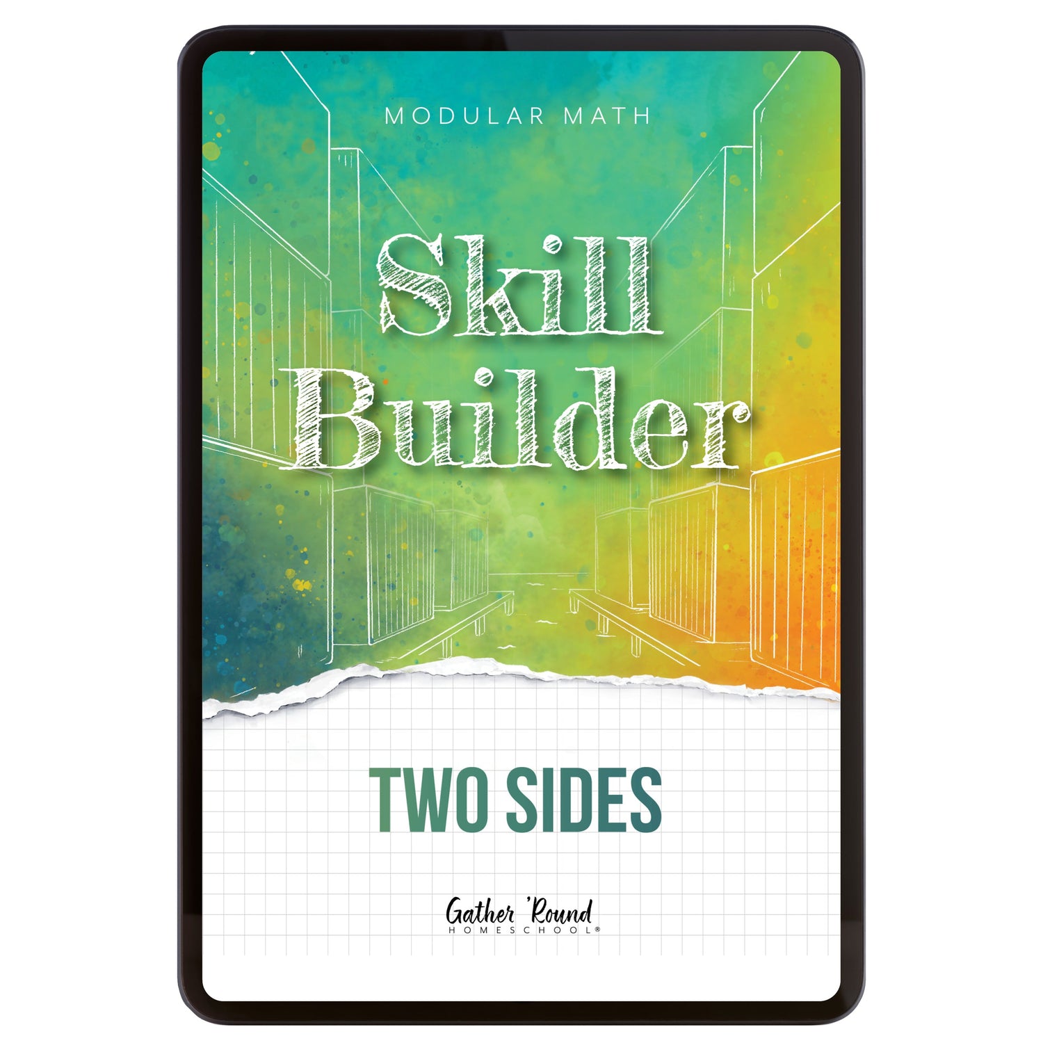 Digital book cover of 'Skill Builder: Two Sides' with geometric design and text on a colorful background.
