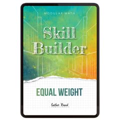 Digital book cover of 'Skill Builder: Equal Weight' with geometric design and text on a colorful background.