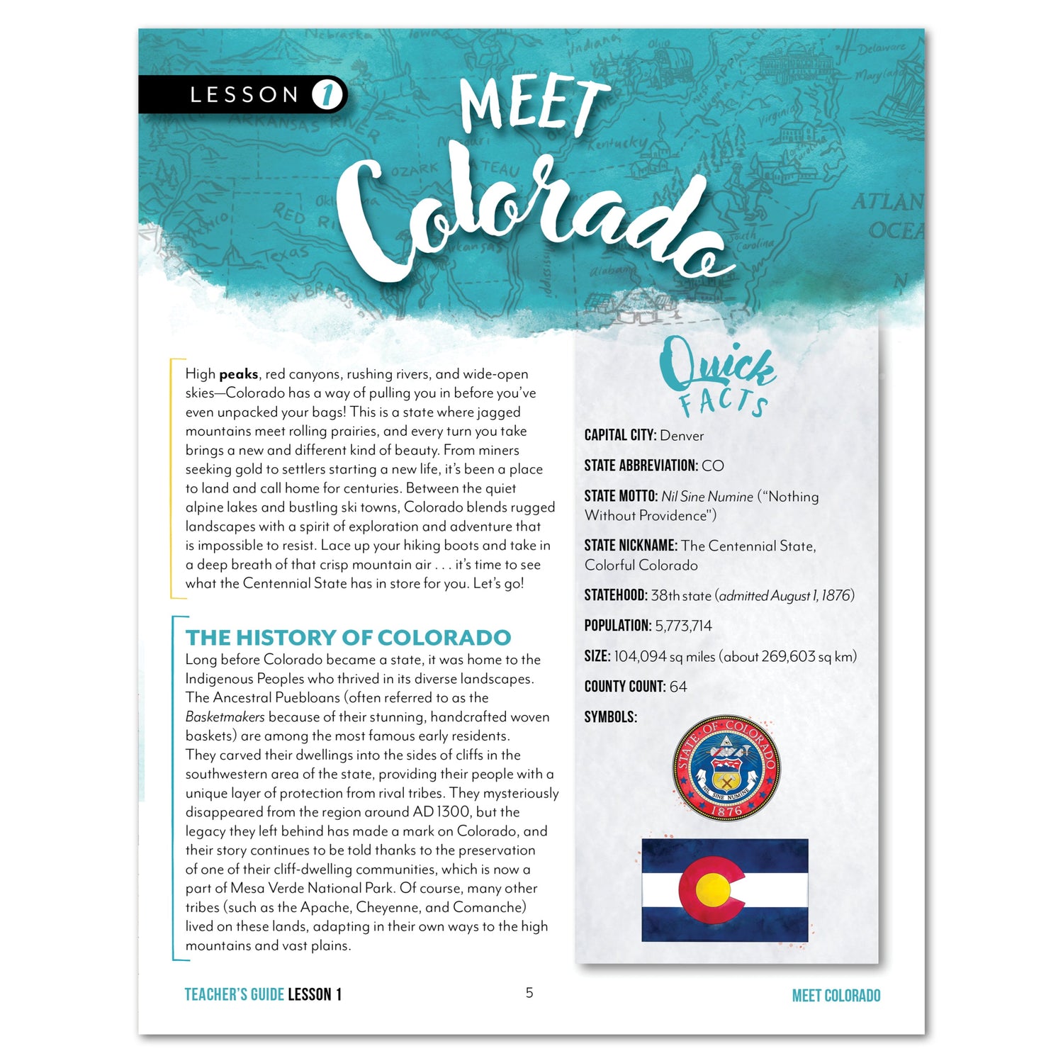 Colorado Fifty States Homeschool Unit Study Digital Teacher's Guide Lesson 1 Part 1