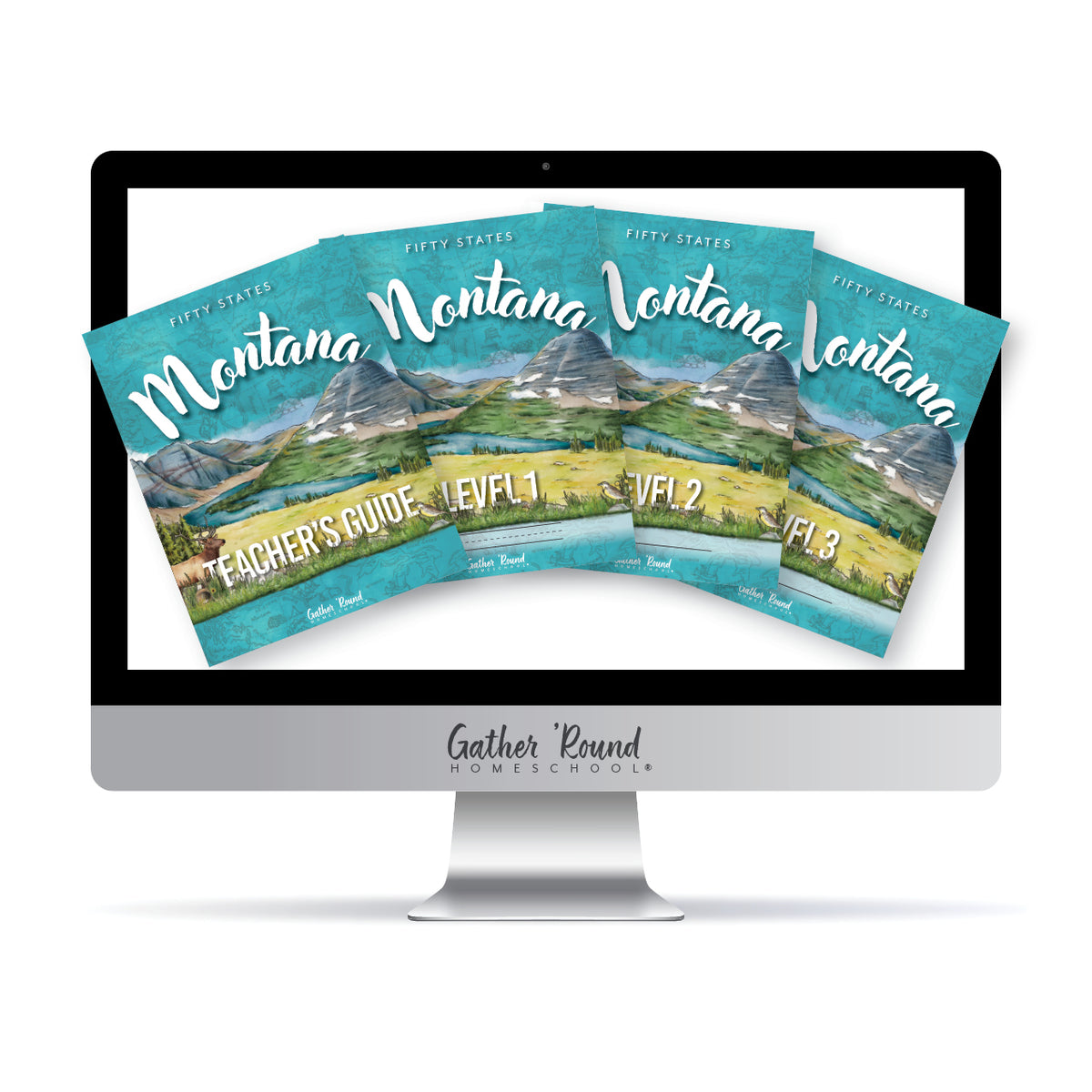 A desktop computer monitor displaying three overlapping book covers titled 'Montana: Fifty States' with mountain landscape imagery and level labels. The monitor sits on a white background with a shadow beneath it.