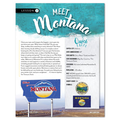 An educational page about Montana, featuring a large title 'MEET Montana' in white script, a blue 'Quick Facts' panel, a small seal and flag, and a scenic mountain landscape at the bottom.