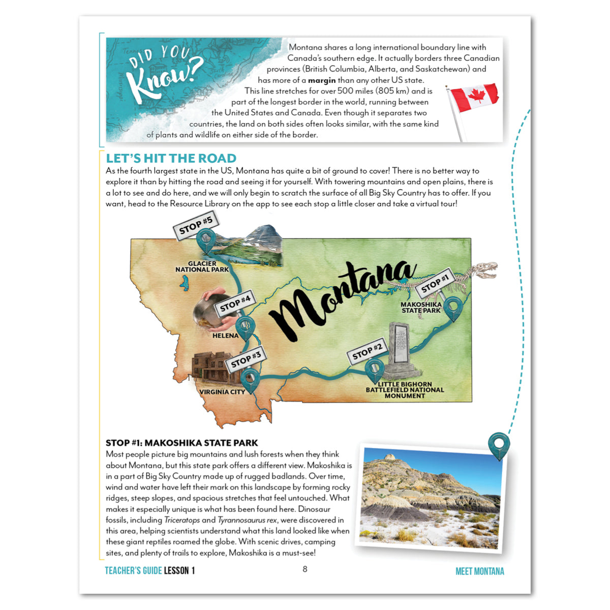 An educational page about Montana that features a stylized map of Montana with different sights highlighted on it. 