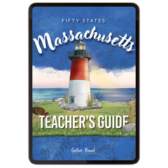 Digital cover of Massachusetts Teacher's Guide with watercolor illustration of a lighthouse