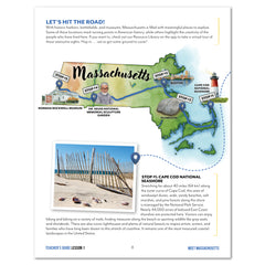 Lesson page with map of Massachusetts with travel stops and scenic views.