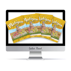 Computer screen displaying multiple copies of 'Michigan' educational materials with 'Gather Round Homeschool' branding.