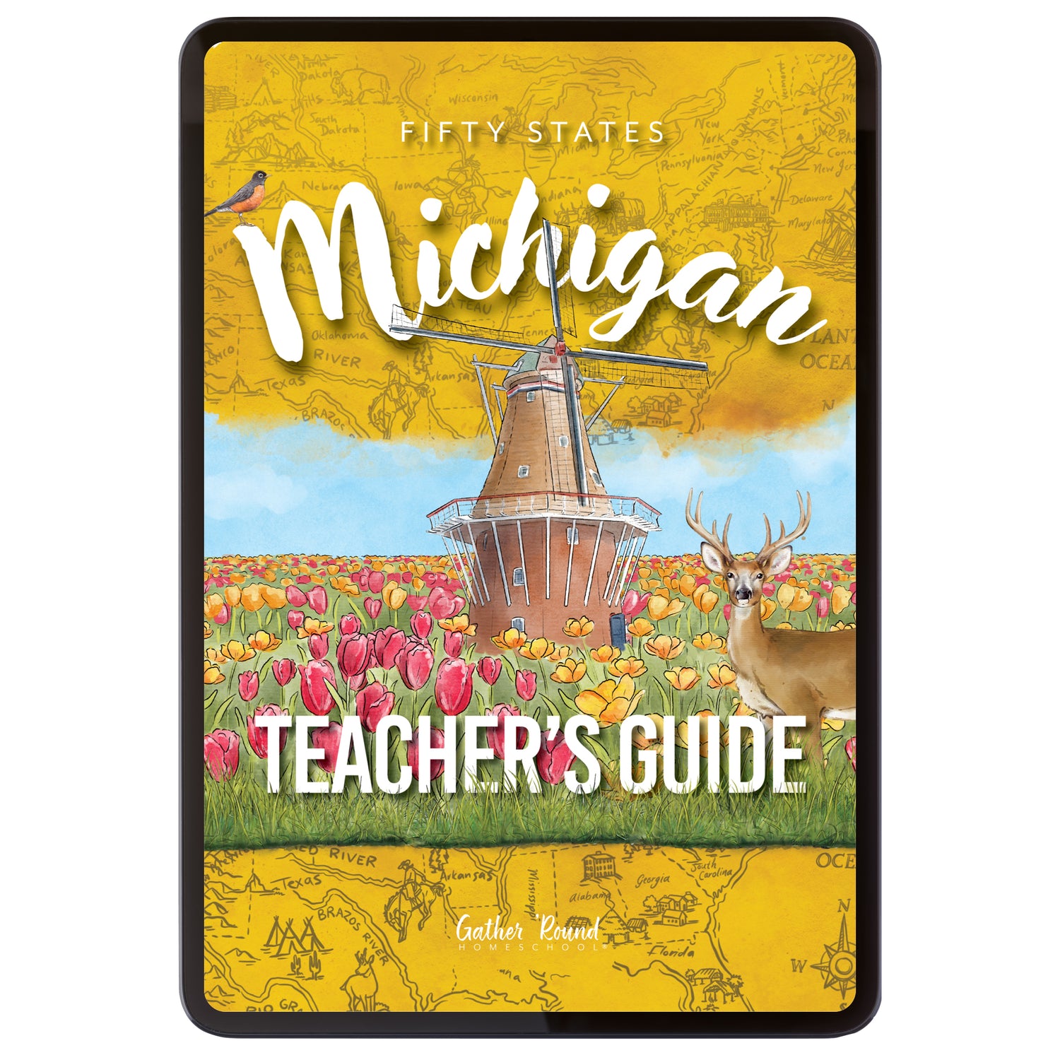 Teacher's Guide cover with Michigan theme, windmill, tulips, and deer.