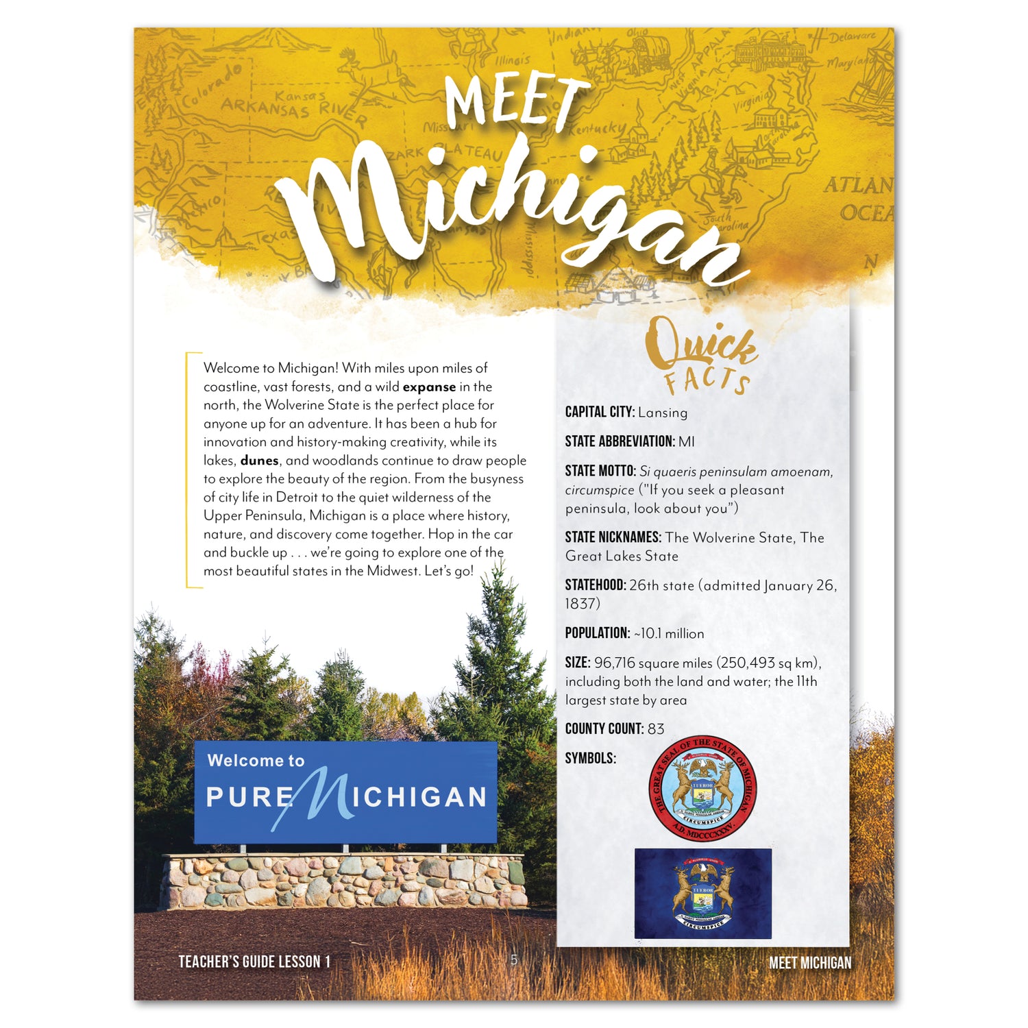 Teaching page about Michigan with text and graphics on a yellow background.