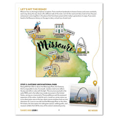 Illustrated map of Missouri featuring key locations in the state.