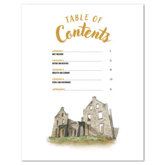 Teacher's Guide Table of Contents listing the titles of 4 lessons and an illustration of castle ruins.