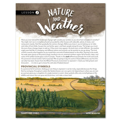 A printed lesson sheet titled 'Nature and Weather' with text blocks, a map, and a landscape illustration showing a winding road.