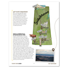 Teacher's guide page for a Saskatchewan lesson, featuring a stylized map outline of the province with labeled cities and parks, accompanied by text blocks and small illustrations of local animals.