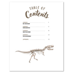 A table of contents page with a dinosaur skeleton illustration at the bottom, printed on a white background.