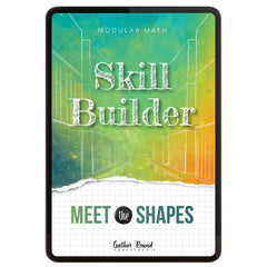 Digital book cover of 'Skill Builder: Meet the Shapes' with geometric design and text on a colorful background.