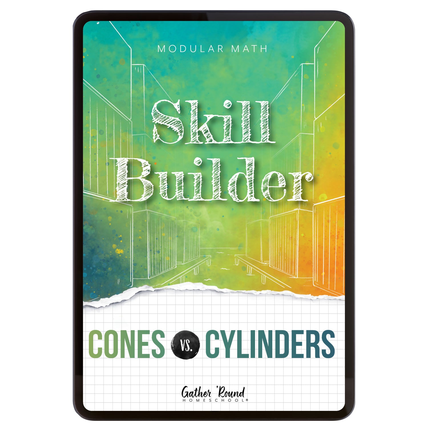Digital book cover of 'Skill Builder: Cones vs Cylinders' with geometric design and text on a colorful background.