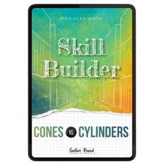 Digital book cover of 'Skill Builder: Cones vs Cylinders' with geometric design and text on a colorful background.