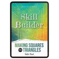 Digital book cover of 'Skill Builder: Making Squares from Triangles' with geometric design and text on a colorful background.