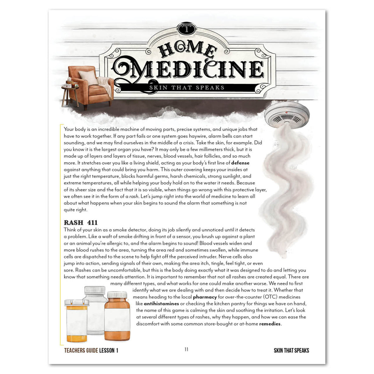 An educational page titled 'Home Medicine: Skin That Speaks' with decorative typography, blocks of text, and illustrations of medicine bottles.