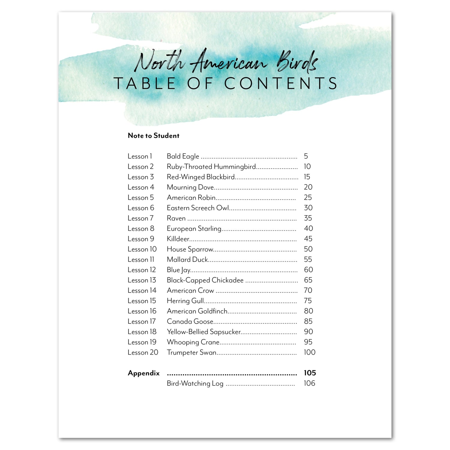 North America Birds part 1 homeschool unit study digital Teacher's Guide table of contents