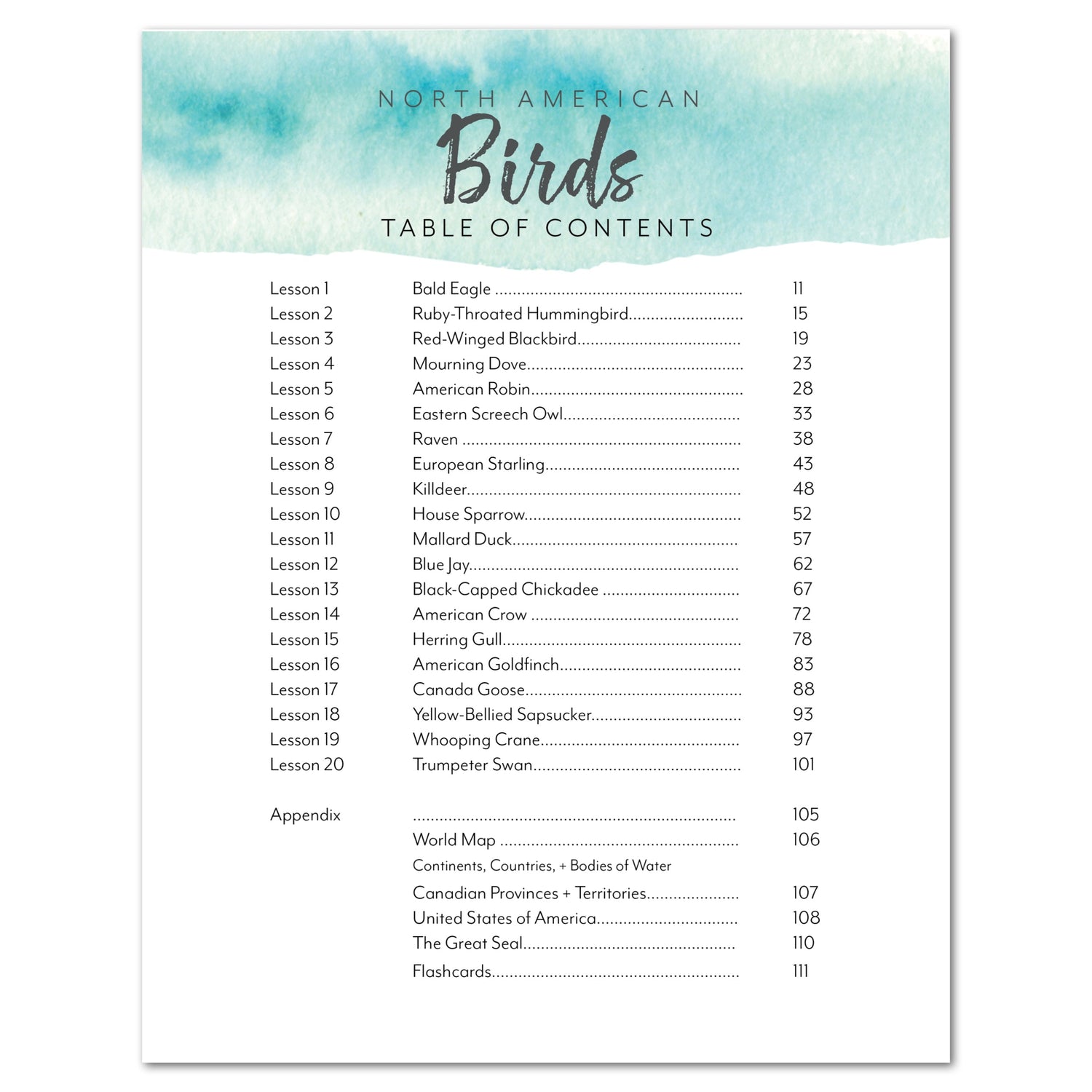 North America Birds part 1 homeschool unit study digital student workbook table of contents