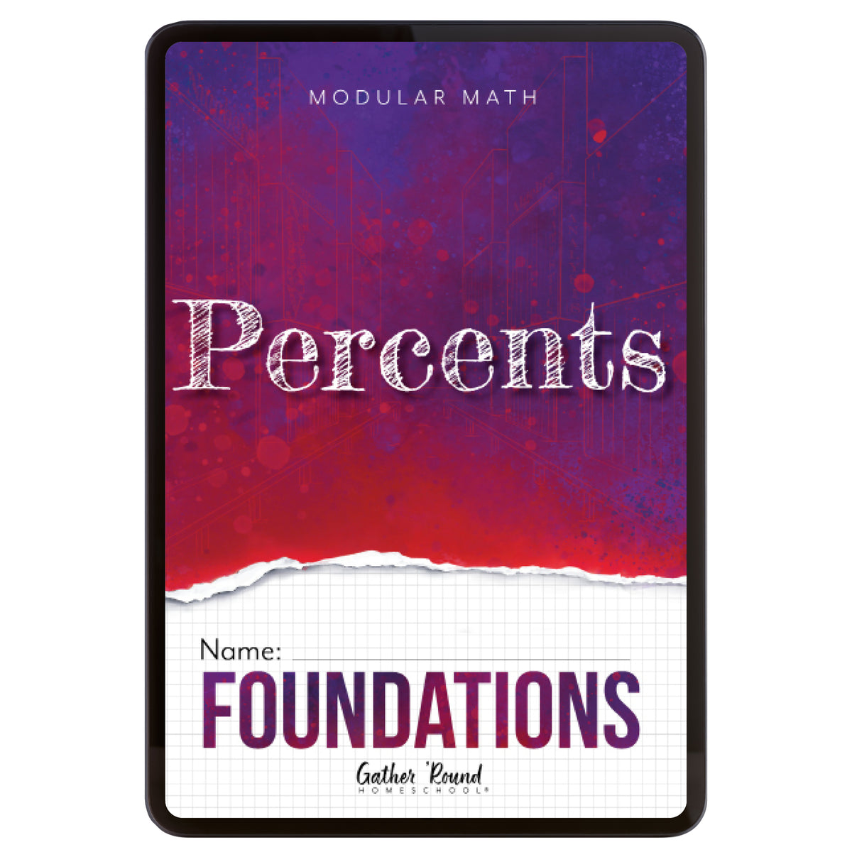 Digital cover of 'Modular Math: Percents Foundations' with a red and purple gradient.