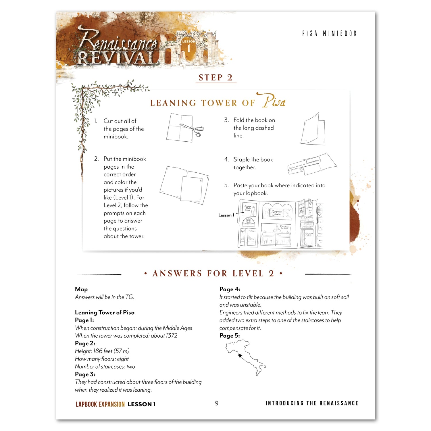 Renaissance and Revival Homeschool Unit Study Digital Bundle Lapbook Instructions Lesson 1 Step 2 Pisa Minibook