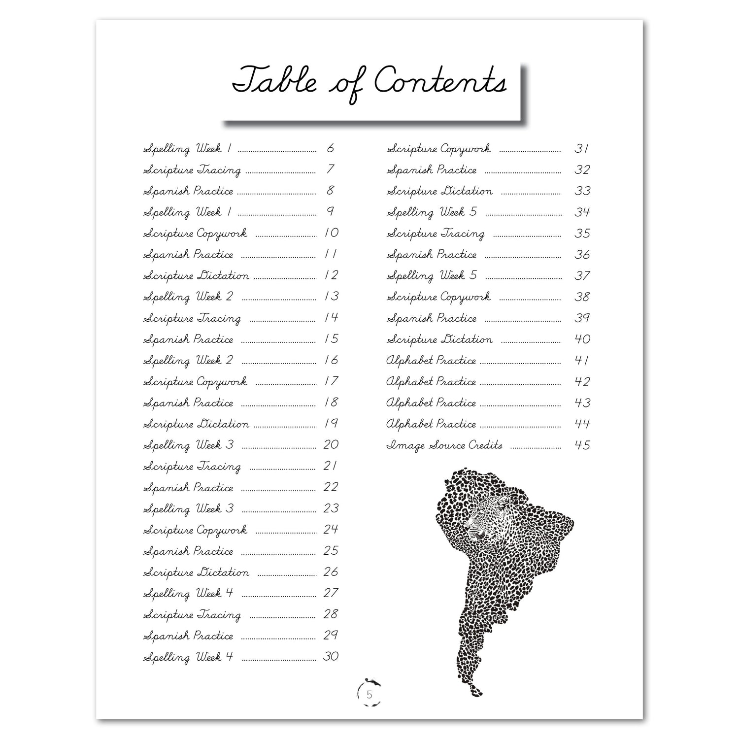 South America homeschool unit study digital student workbook, Cursive workbook table of contents