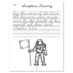 Space homeschool unit study digital student workbook, Cursive workbook scripture tracing worksheet 