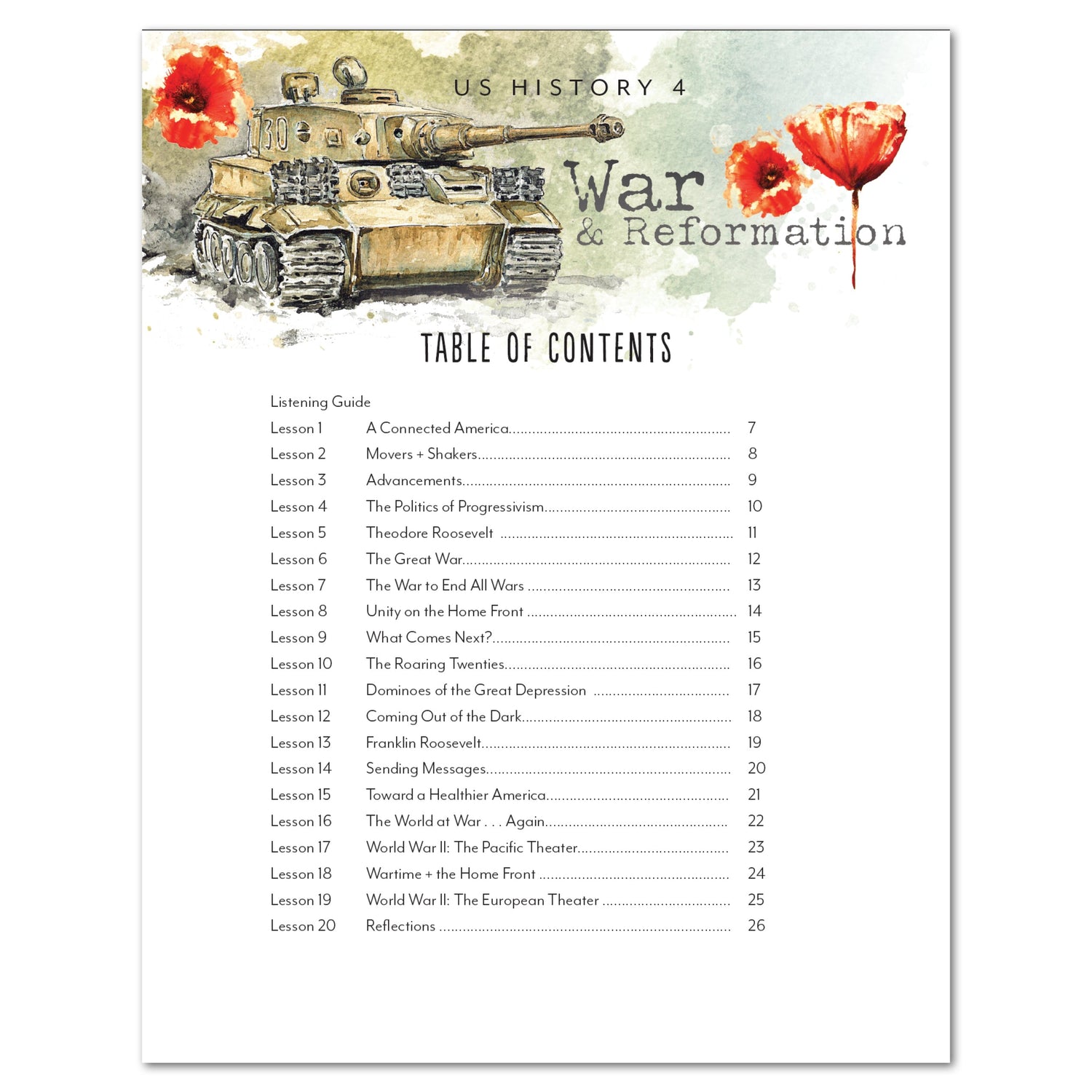 US History 4: War & Reformation: 1900-1945 Adventures Though History Homeschool Unit Study Digital Coloring Book Table of Contents Combo Pack