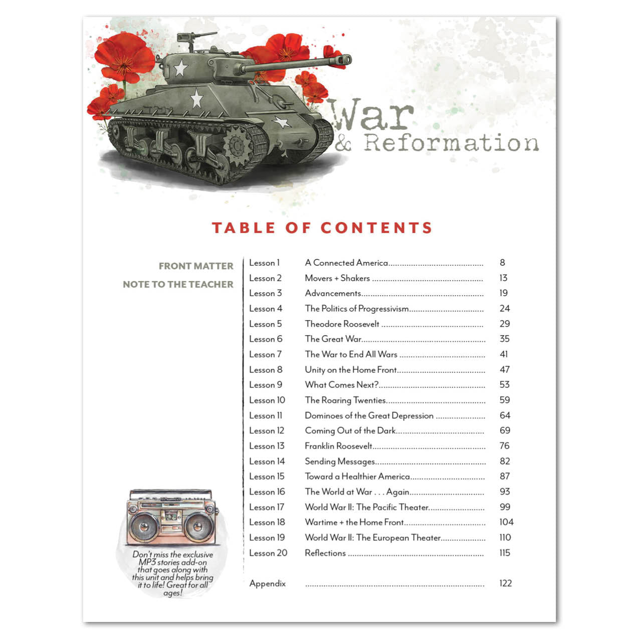 A table of contents page titled 'War Reformation' with a military tank illustration at the top, red poppy graphics, and a table of contents listing lesson topics and page numbers.