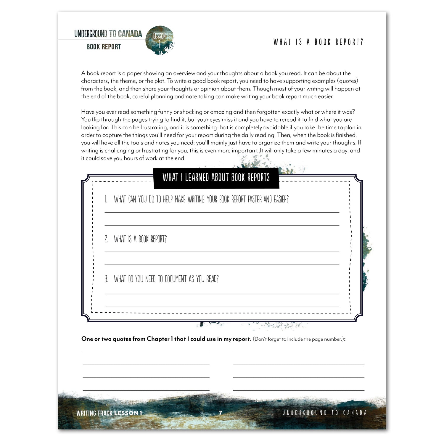 Underground to Canda Homeschool Study Unit Writing Track Novel Study Digital Lesson 1 What is a book report?